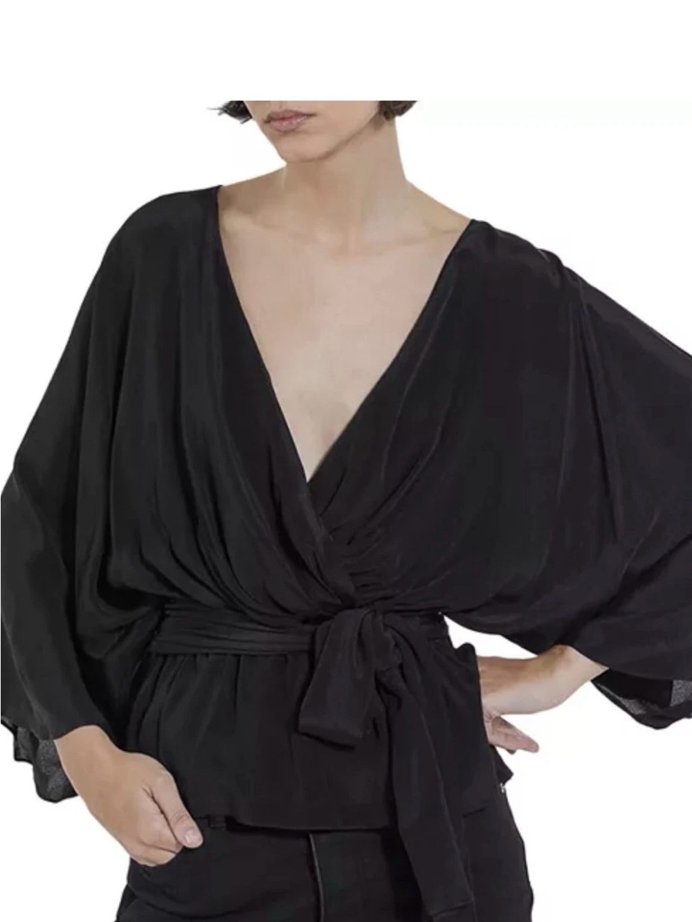 The Kooples Paris Black Silk Blend Kimono Wrap Blouse NWT Size 1 US 2 -4 (XS- S)